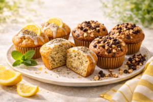 レモンティーマフィンとチョコチップやナッツを混ぜたマフィンのイメージ画像